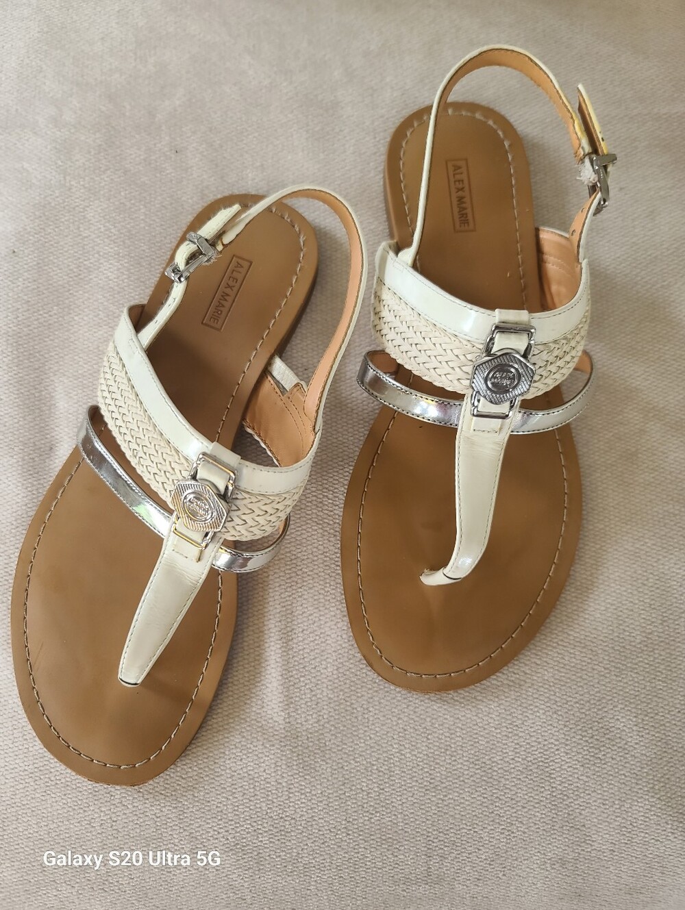 Alex Marie White Braided T-Strap Sandals with Silver Trim